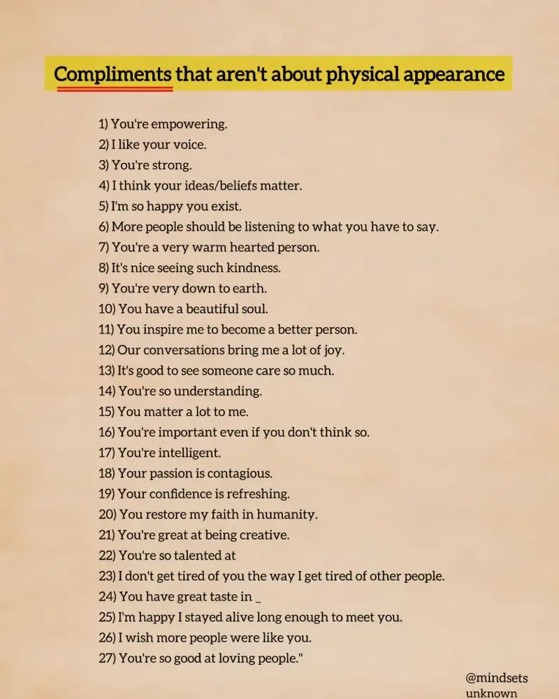 Graphic of compliments that aren't about a body