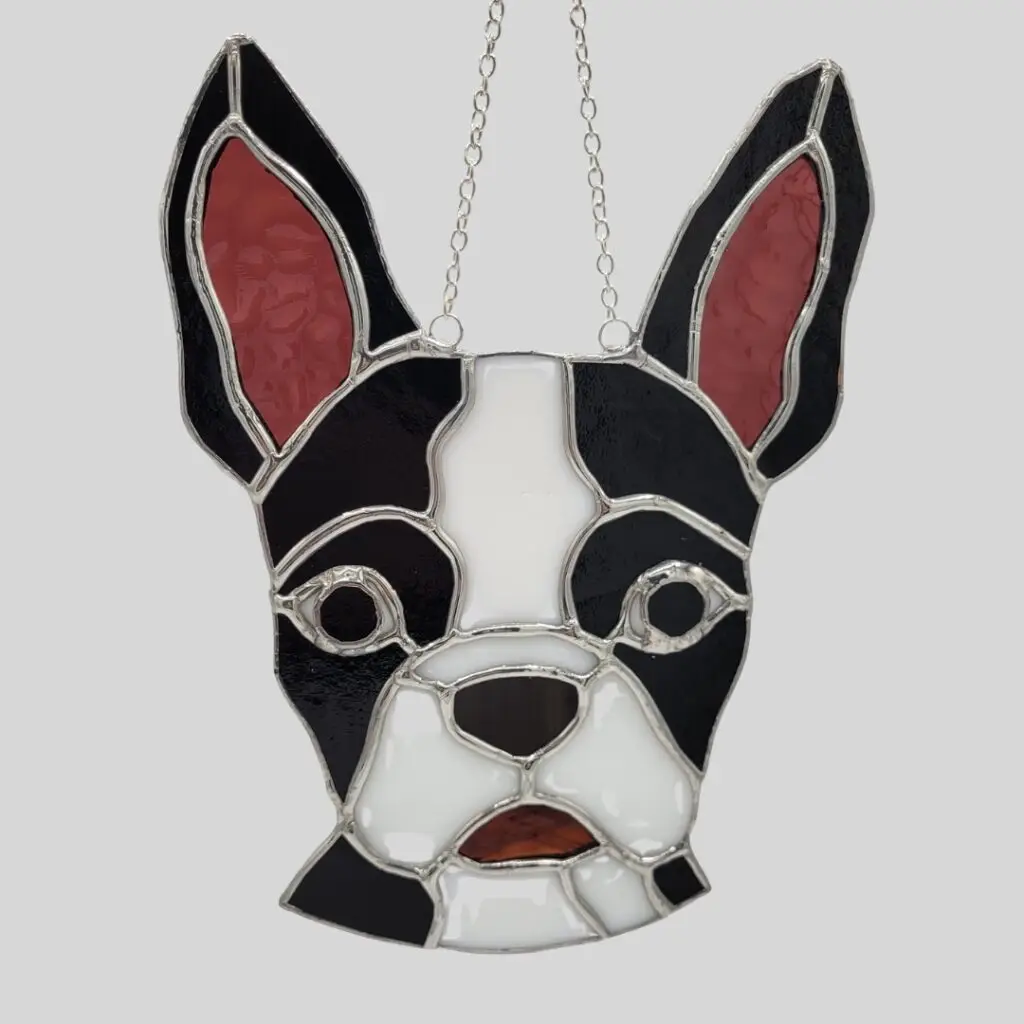 black white dog stained glass
