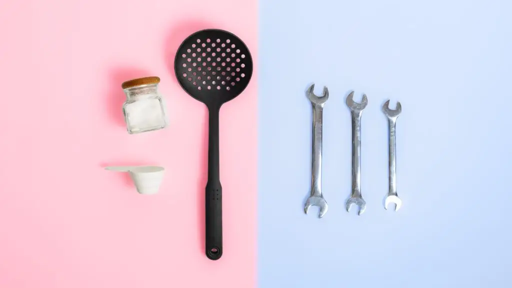 pink background with cooking utensils and a blue background with wrenches on