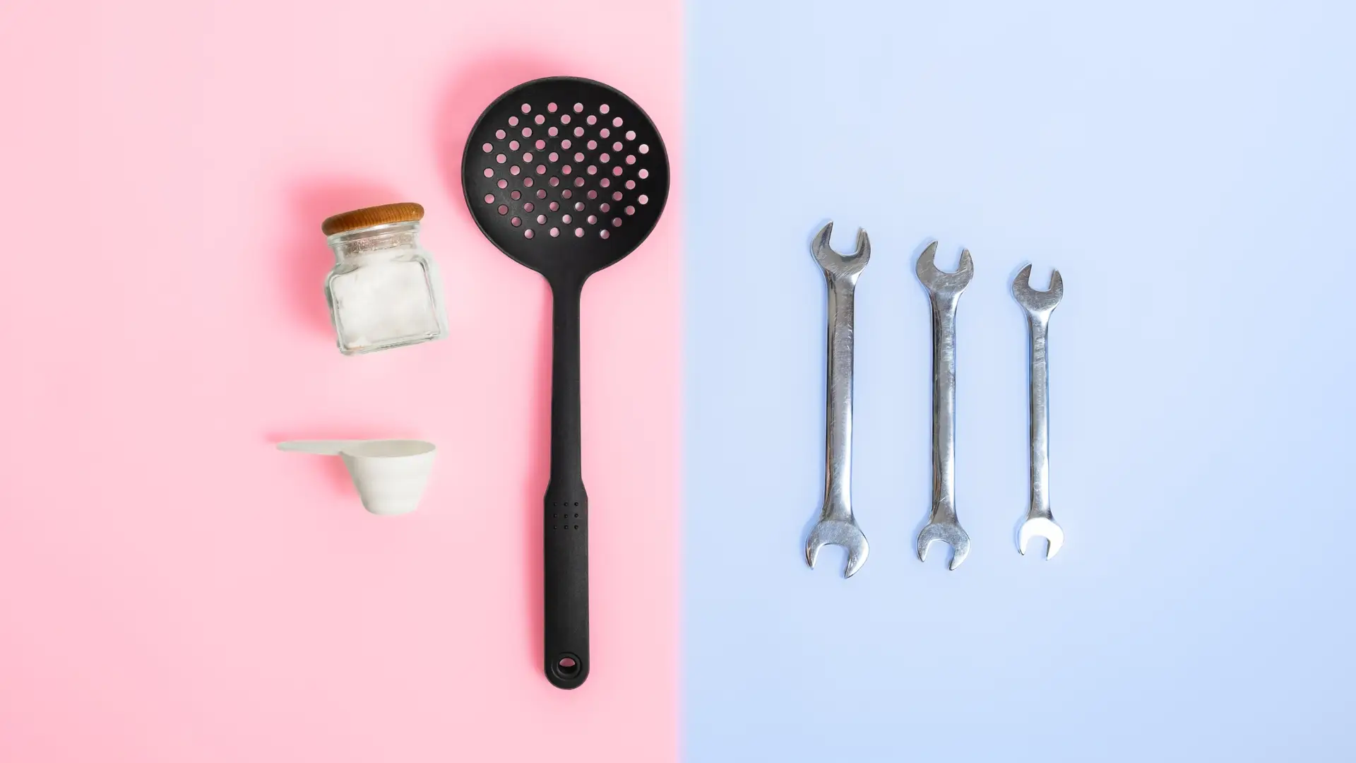 pink background with cooking utensils and a blue background with wrenches on