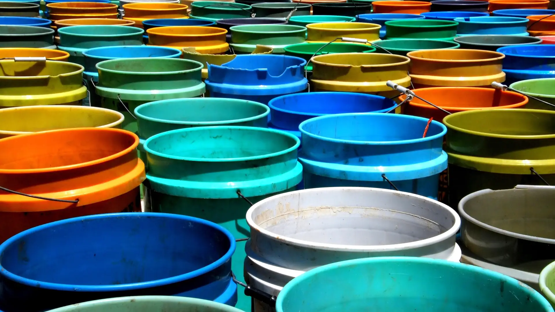 colorful buckets in a row